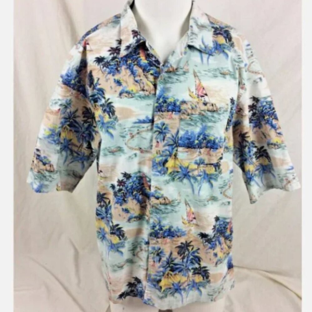 Vintage Box Office Island Mens Hawaiian Shirt Large Short Sleeve Ocean Palm Tree